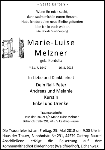 Traueranzeige von Marie-Luise Melzner von Stadtanz.Castrop-Rauxel