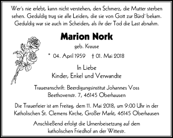 Traueranzeige von Marion Nork von Wochen-Anzeiger Oberhausen