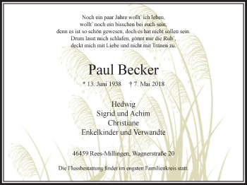 Traueranzeige von Paul Becker von Stadtanzeiger Emmerich/Rees/Isselburg