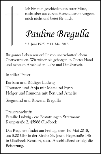 Traueranzeige von Pauline Bregulla von Stadtspiegel Gladbeck