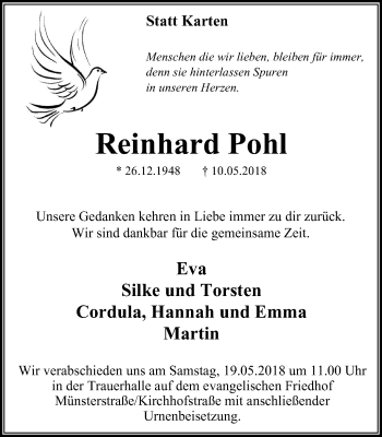 Traueranzeige von Reinhard Pohl von Lüner Anzeiger