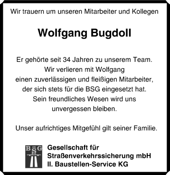 Traueranzeige von Wolfgang Bugdoll von Stadtspiegel Bottrop