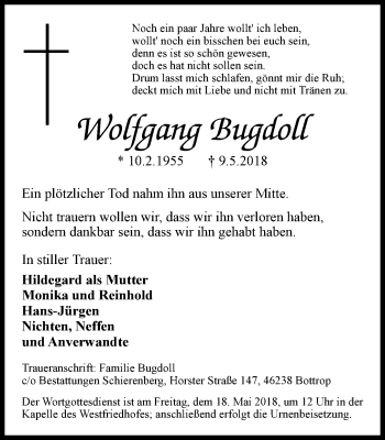 Traueranzeige von Wolfgang Bugdoll von Stadtspiegel Bottrop