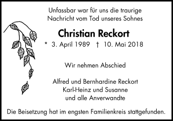 Traueranzeige von Christian Reckort von Wochen-Anzeiger Oberhausen