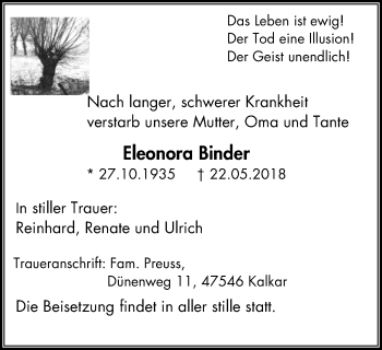 Traueranzeige von Eleonora Binder von Wochen-Anzeiger Duisburg