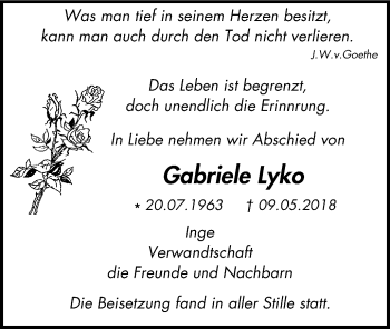 Traueranzeige von Gabriele Lyko von Wochen-Anzeiger Oberhausen
