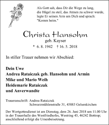 Traueranzeige von Gvista Hansohn von Borbeck Kurier