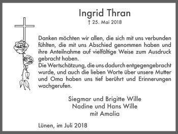 Traueranzeige von Ingrid Thran von Lüner Anzeiger