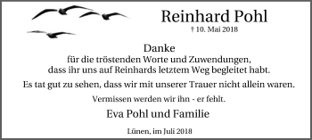 Traueranzeige von Reinhard Pohl von Lüner Anzeiger