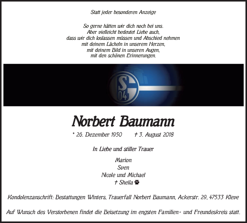  Traueranzeige für Norbert Baumann vom 08.08.2018 aus Klever Wochenblatt