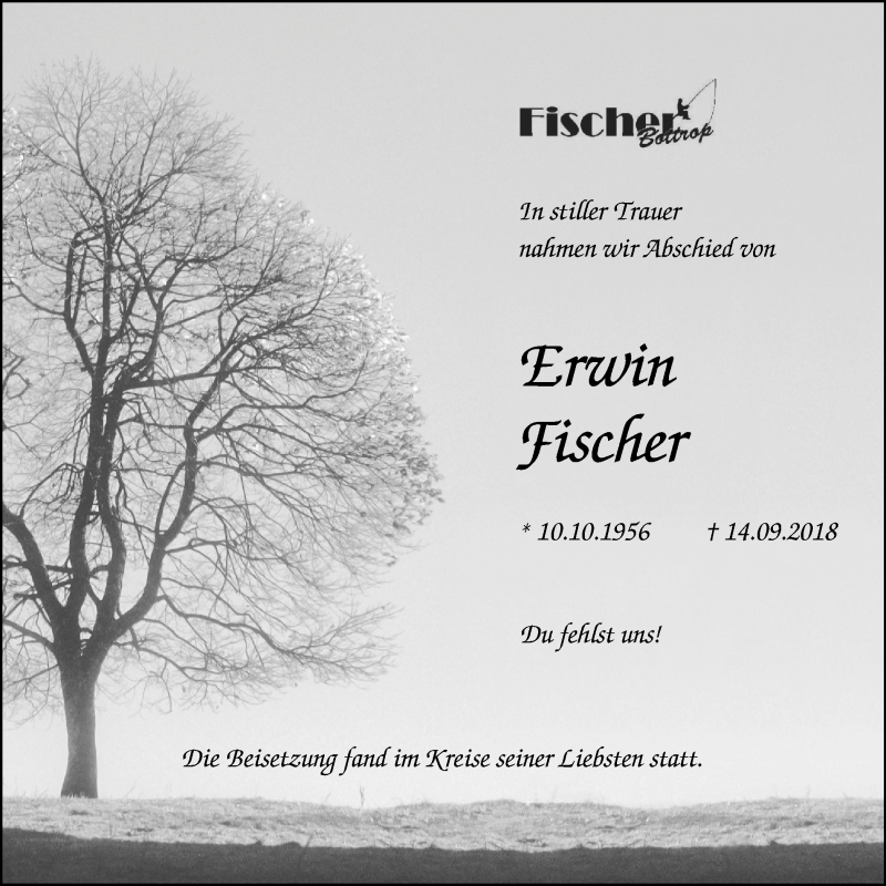  Traueranzeige für Erwin Fischer vom 22.09.2018 aus Stadtspiegel Bottrop