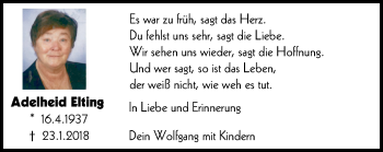 Traueranzeige von Adelheid Elting von Wochen-Anzeiger Oberhausen