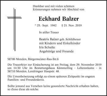 Traueranzeige von Eckhard Balzer von Stadtspiegel Menden + Froendenberg