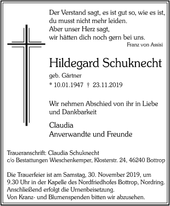 Traueranzeige von Hildegard Schuknecht von Stadtspiegel Bottrop