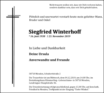 Traueranzeige von Siegfried Winterhoff von Stadtspiegel Menden + Froendenberg