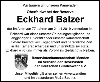 Traueranzeige von Eckhard Balzer von Stadtspiegel Menden + Froendenberg