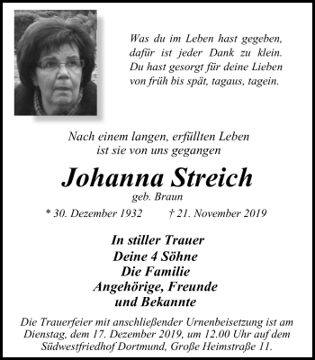 Traueranzeige von Johanna Streich von Lüner Anzeiger