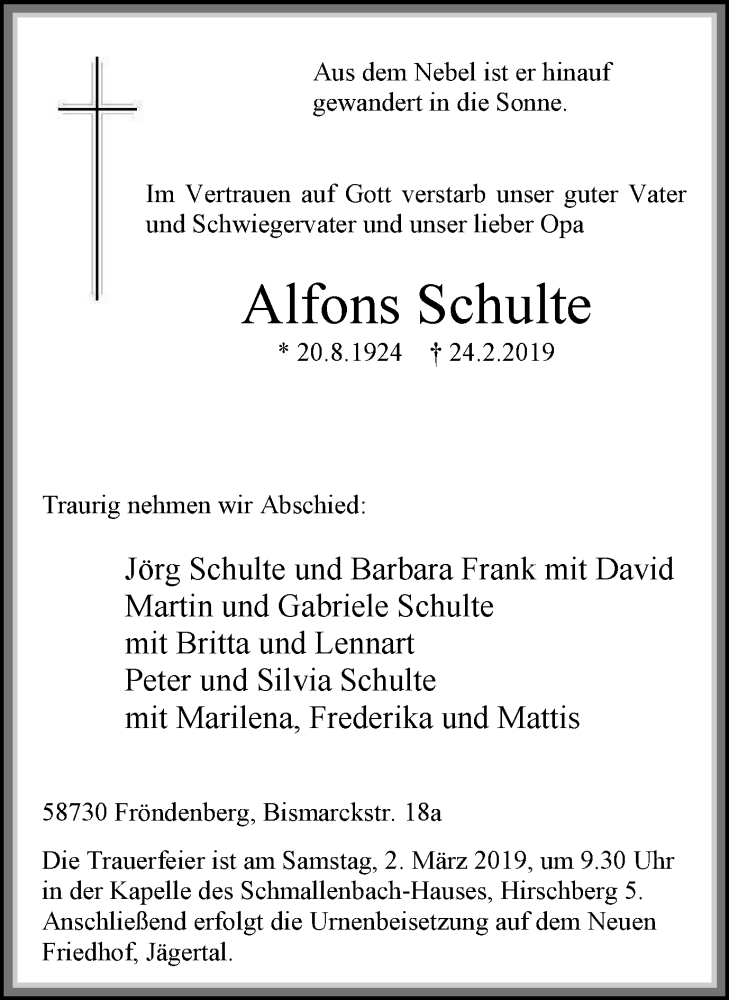  Traueranzeige für Alfons Schulte vom 27.02.2019 aus Stadtspiegel Menden + Froendenberg