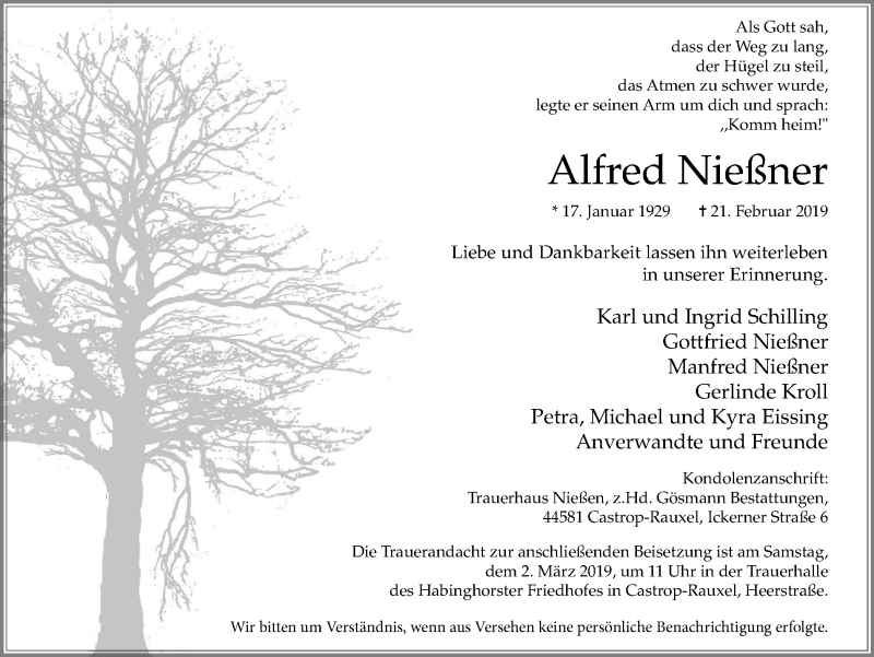  Traueranzeige für Alfred Nießner vom 27.02.2019 aus Stadtanz.Castrop-Rauxel