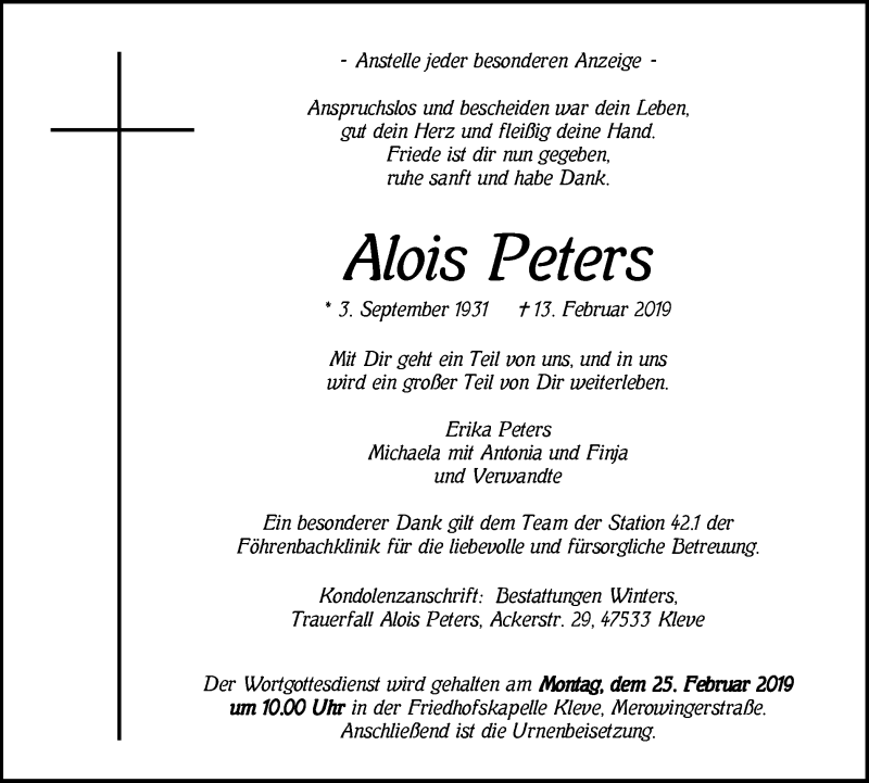  Traueranzeige für Alois Peters vom 23.02.2019 aus Klever Wochenblatt