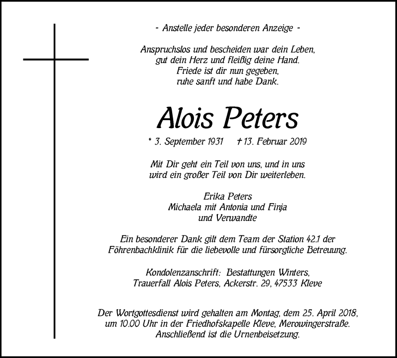  Traueranzeige für Alois Peters vom 20.02.2019 aus Klever Wochenblatt