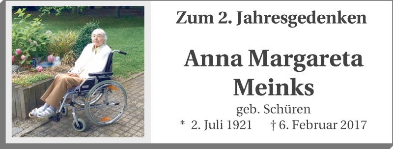  Traueranzeige für Ana Margareta Meinks vom 06.02.2019 aus Lüner Anzeiger