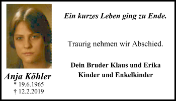 Traueranzeige von Anja Köhler von Stadtspiegel Gladbeck
