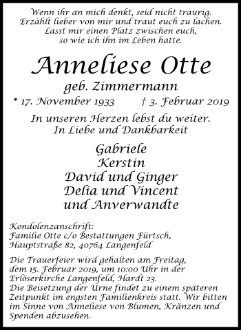 Traueranzeige von Anneliese Otte von Wochen-Anzeiger Langenfeld/Monheim/Hilden