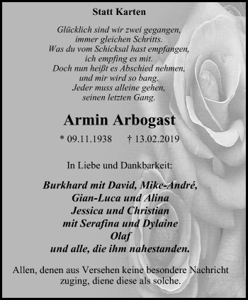 Traueranzeige von Armin Arbogas von Wochen-Magazin Moers + Kamp-L. + Neuk-Vluyn