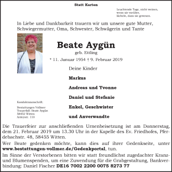 Traueranzeige von Beate Aygün von Witten aktuell