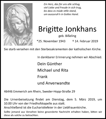 Traueranzeige von Brigitte Jonkhans von Stadtanzeiger Emmerich/Rees/Isselburg