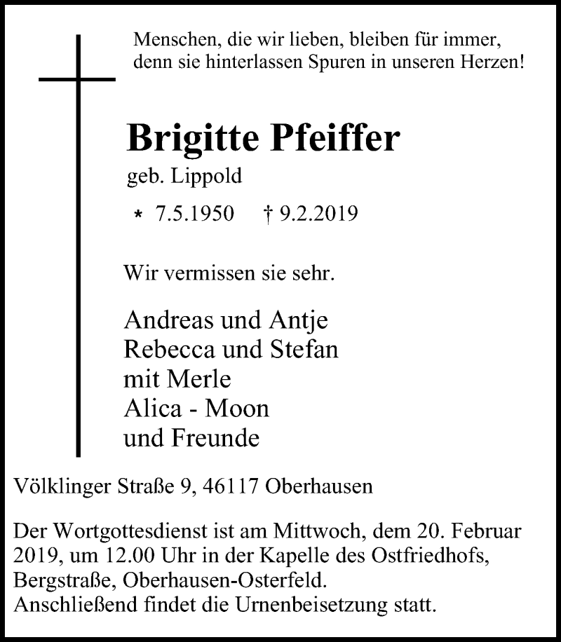  Traueranzeige für Brigitte Pfeiffer vom 16.02.2019 aus Wochen-Anzeiger Oberhausen