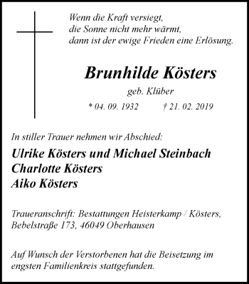 Traueranzeige von Brunhilde Kösters von Wochen-Anzeiger Oberhausen