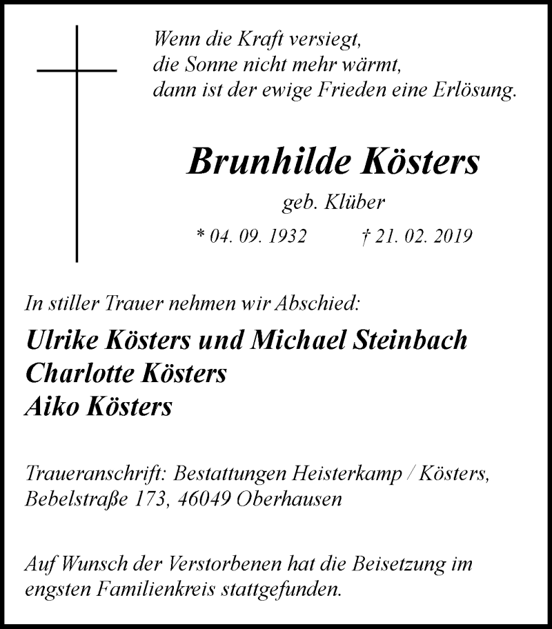  Traueranzeige für Brunhilde Kösters vom 27.02.2019 aus Wochen-Anzeiger Oberhausen