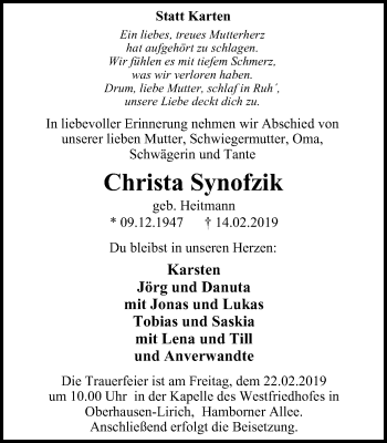 Traueranzeige von Christa Synofzik von Wochen-Anzeiger Oberhausen