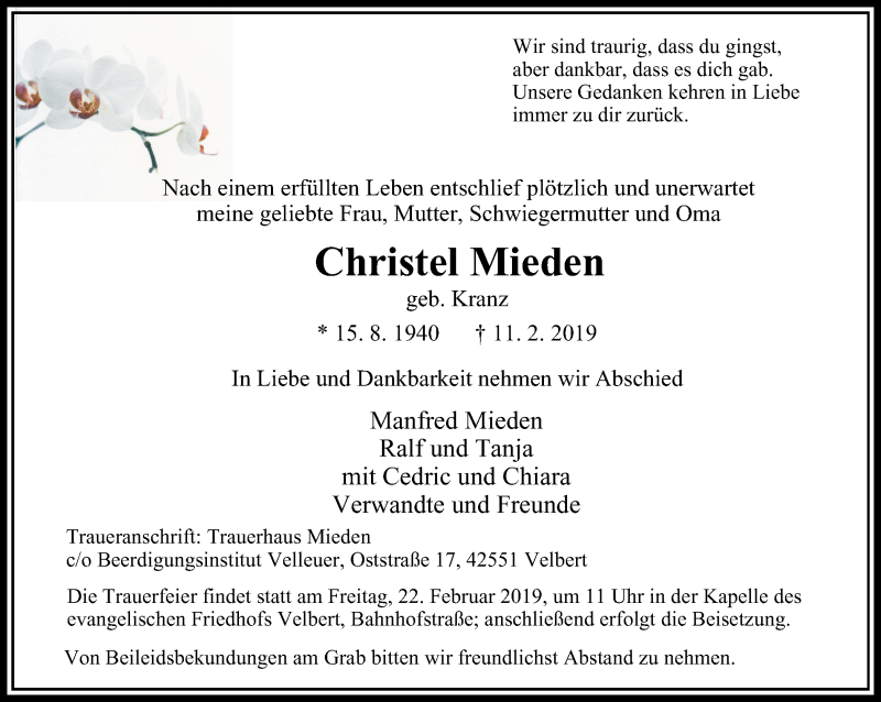  Traueranzeige für Christel Mieden vom 16.02.2019 aus Stadtanzeiger Velbert + Heiligenhaus
