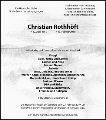 Traueranzeige von Christian Rothhöft von Stadtspiegel Iserlohn + Hemer