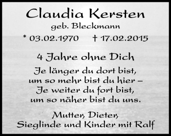 Traueranzeige von Claudia Kersten von Gocher Wochenblatt