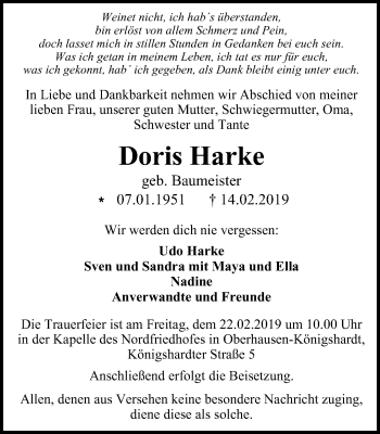 Traueranzeige von Doris Harke von Wochen-Anzeiger Oberhausen