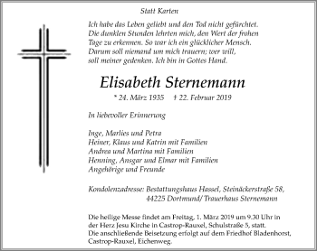 Traueranzeige von Elisabeth Sternemann von Stadtanz.Castrop-Rauxel