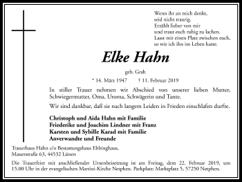 Traueranzeige von Elke Hahn von Lüner Anzeiger