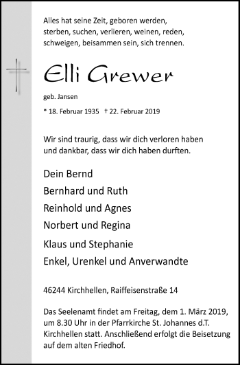 Traueranzeige von Elli Grewer von Stadtspiegel Bottrop