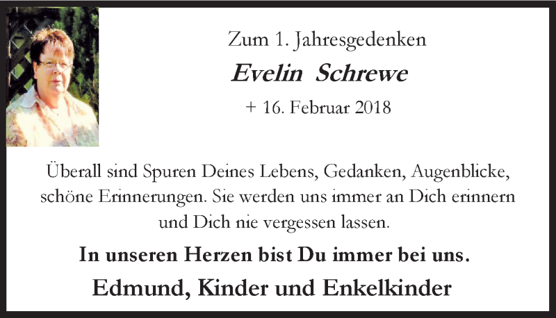  Traueranzeige für Evelin Schrewe vom 16.02.2019 aus Lüner Anzeiger