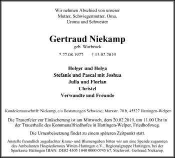 Traueranzeige von Gertraud Niekamp von Stadtspiegel Hattingen/Niedersprockhövel