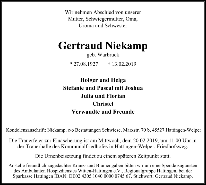  Traueranzeige für Gertraud Niekamp vom 16.02.2019 aus Stadtspiegel Hattingen/Niedersprockhövel