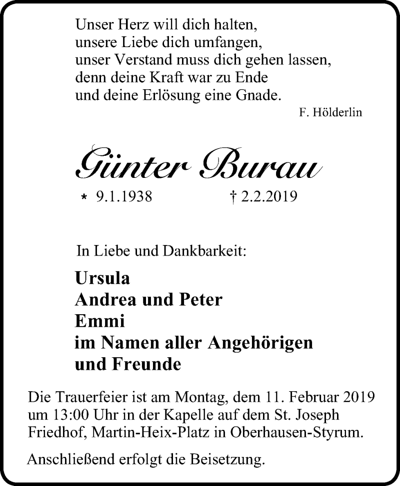  Traueranzeige für Günter Burau vom 06.02.2019 aus Wochen-Anzeiger Oberhausen