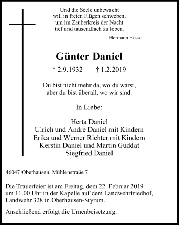 Traueranzeige von Günter Daniel von Wochen-Anzeiger Oberhausen