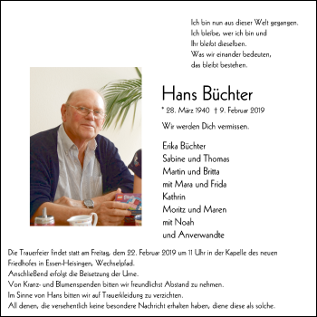 Traueranzeige von Hans Büchter von Ruhr Kurier