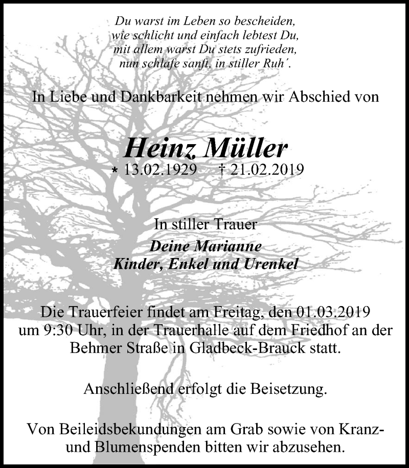  Traueranzeige für Heinz Müller vom 27.02.2019 aus Stadtspiegel Gladbeck