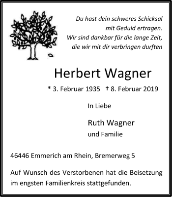 Traueranzeige von Herbert Wagner von Stadtanzeiger Emmerich/Rees/Isselburg